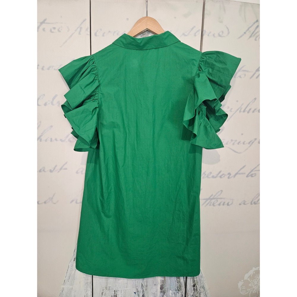 SSYS The Label Green Ruffle Butterfly Sleeve Cotton Poplin Mini Dress Tunic M - Picture 2 of 7
